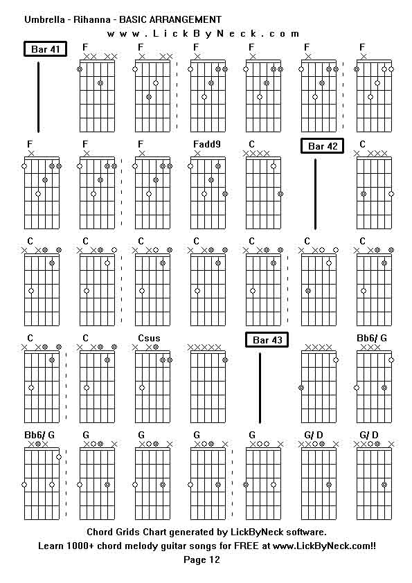 Chord Grids Chart of chord melody fingerstyle guitar song-Umbrella - Rihanna - BASIC ARRANGEMENT,generated by LickByNeck software.